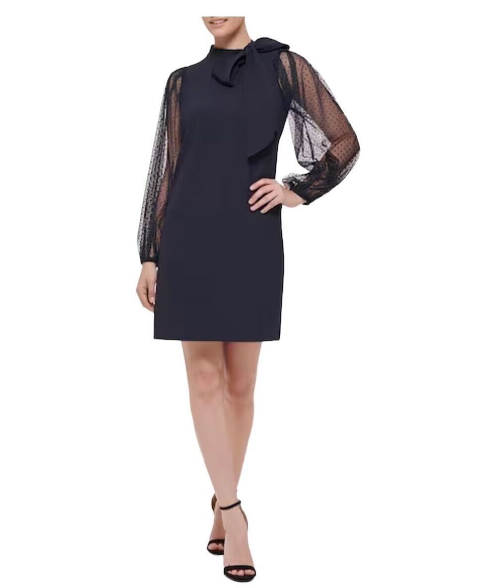 Vince Camuto navy sheer sleeve bow detail dress